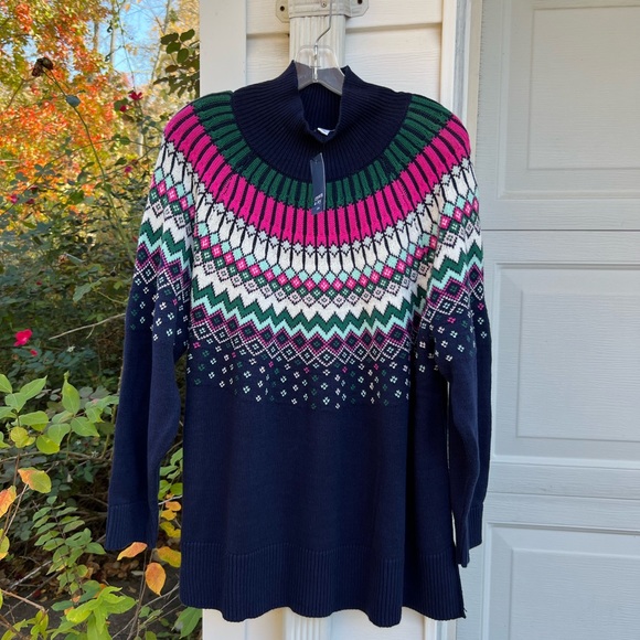 NWT Crown & Ivy Fun Navy Multi Colored Fair Isle High Neck Sweater - Picture 7 of 7